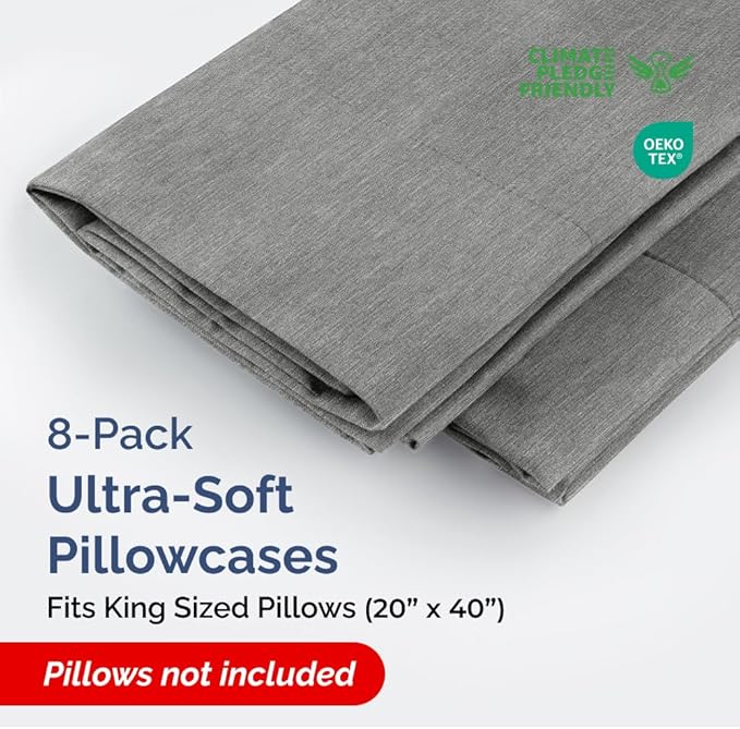 King Pillow Cases Set of 8 - Ultra Soft Hotel Quality Pillowcase Covers - Comfy & Wrinkle Free - Shrink, Stain and Fade Resistant - Machine Washable Pillow Protectors - 8 Piece Set - Heathered Grey