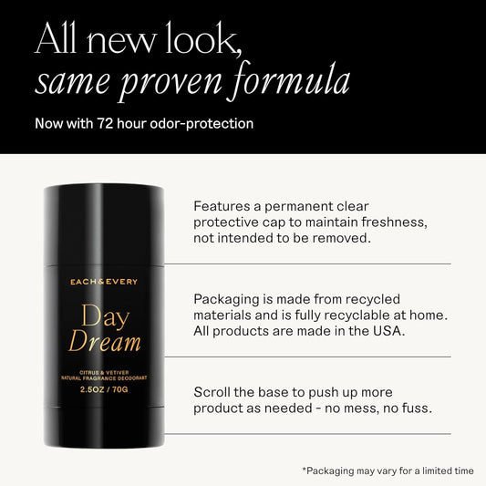 Each & Every Aluminum Free Deodorant for Women & Men, Citrus & Vetiver - All Natural Deodorant for Sensitive Skin, EWG Verified - Clean, Baking Soda-Free, Plant-Based Fragrance - 2.5oz, 2 Pack