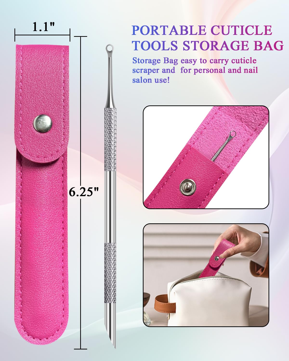 Loop Cuticle Pusher, Pre-treatment Cuticle Pusher, Stainless Steel Round Cuticle Pusher with 100#/240# Grit Nail Files and 1p Storage Bags, For Salon & Home Use