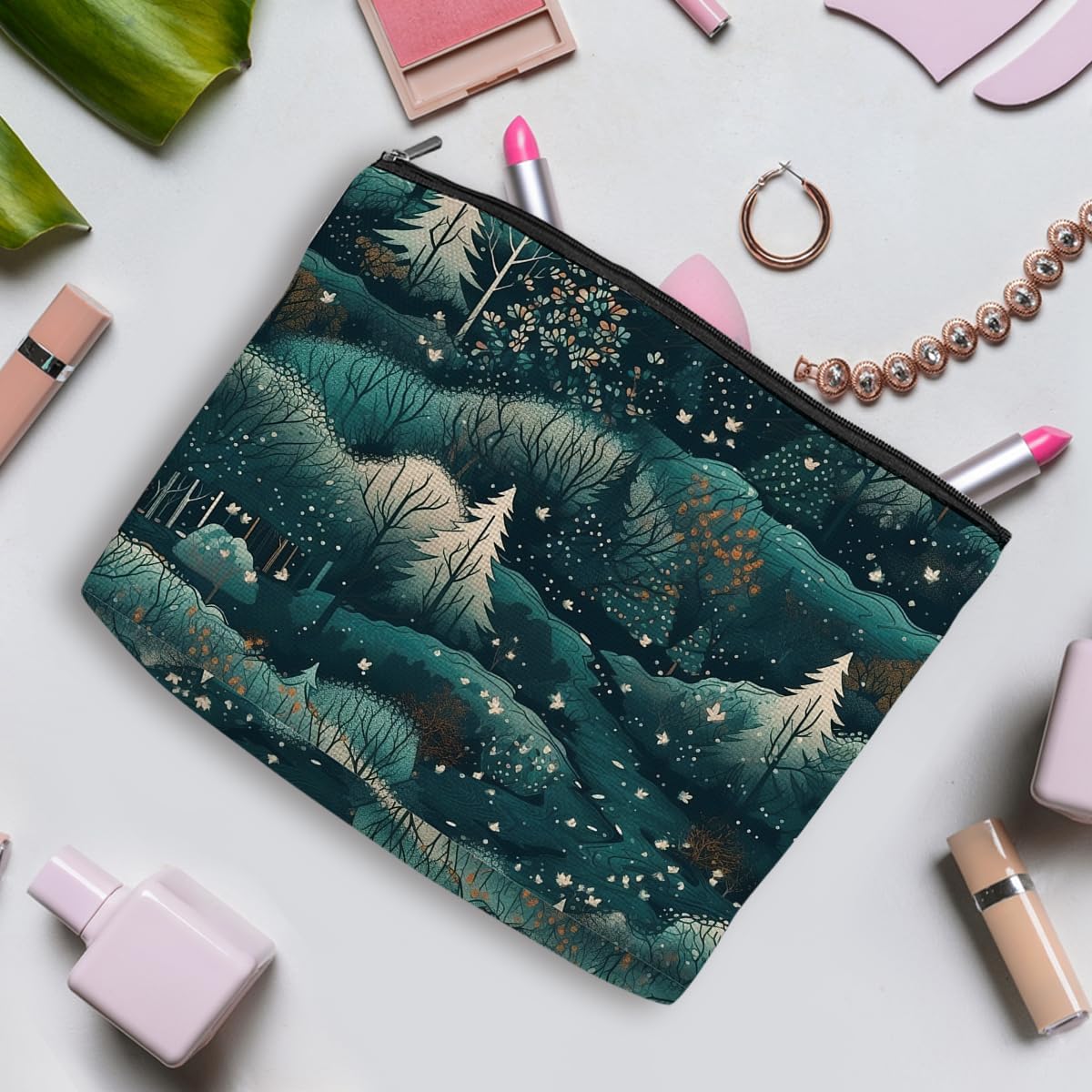 3Pcs Classic Forest Flower Fruit Makeup Bag Cosmetic Bags for Women, Abstract Botanical Travel Toiletry Bag, Thank You Anniversary Birthday Friendship Gifts for Women Girls Mom Friends Teacher