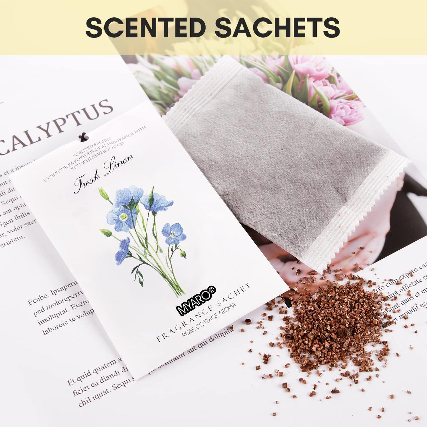 MYARO 12 Pcs Scented Sachets for Drawer and Closet, Long-Lasting Closet Deodorizer Freshener, Potpourri Bags Fresh Scents Sachet Packets Smell Goods for House - Fresh Linen, Peppermint and Lemongrass