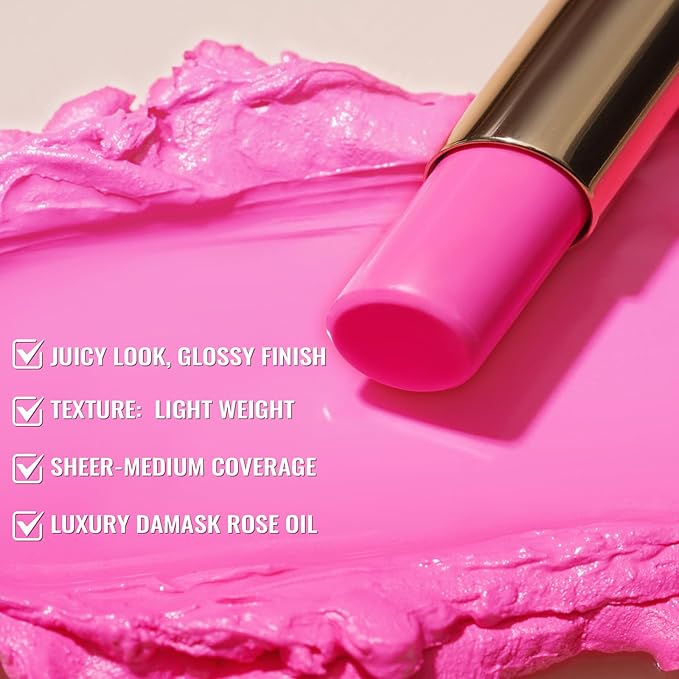 Oulac Moisturizing Shine Pink Lipstick for Women - 2 in 1 Glossy Bright Pink Tinted Lip Balm, Hydrating Winter Lipstick for Dry Lips,Shine Juicy Finish Vegan 2.2g/0.07oz (15)
