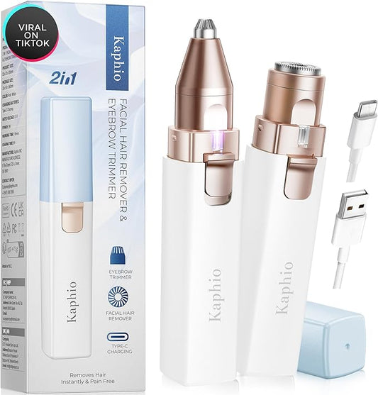 Facial Hair Removal for Women: 2 in 1 Electric Hair Removal Device for Chin Upper Lip Peach Fuzz & Rechargeable Eyebrow Trimmer for Shape Brows with Light (Blue)