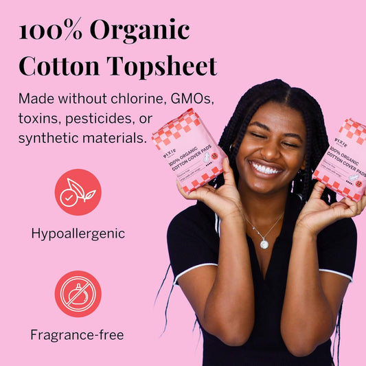 Pixie Organic Cotton Large Pads for Women - Extra Heavy Absorbency with Wings - Leak-Proof, Hypoallergenic & Unscented - Compostable, Biodegradable - 48 Count