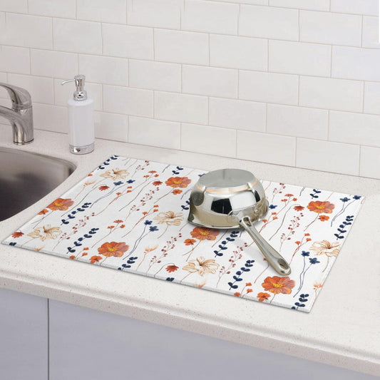 Orange Flower Decorative Dish Drying Mat for Kitchen Counter Watercolor Orange Floral Drying Pad 18x24 Inch Modern Absorbent Reversible Dish Drainer Rack Mats