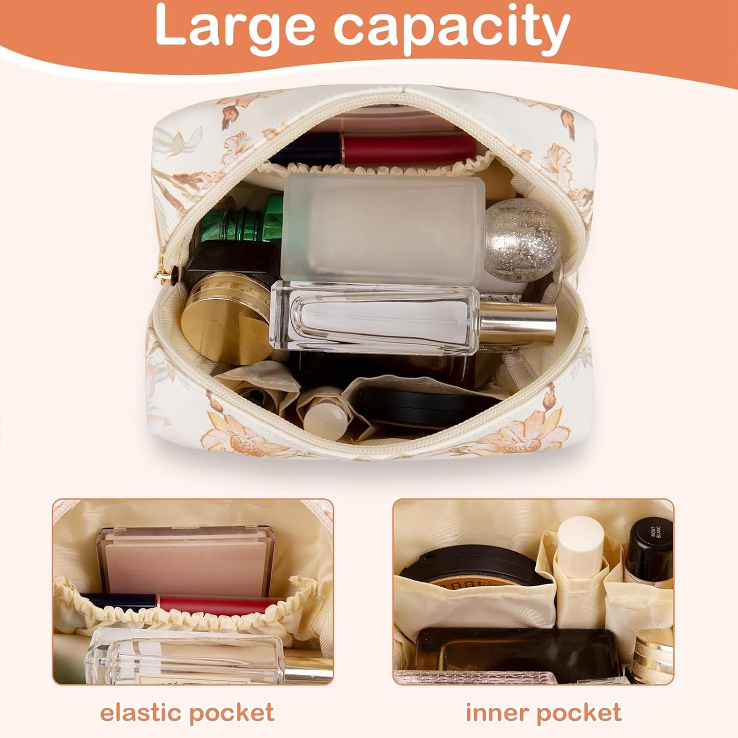 Floral Waterproof Makeup Bag, Leather Cosmetic Bag with Compartments, Zipper Make up Pouch Organizer, Portable Storage Travel Toiletry Bag Gifts for Women Girls(Black Flower)