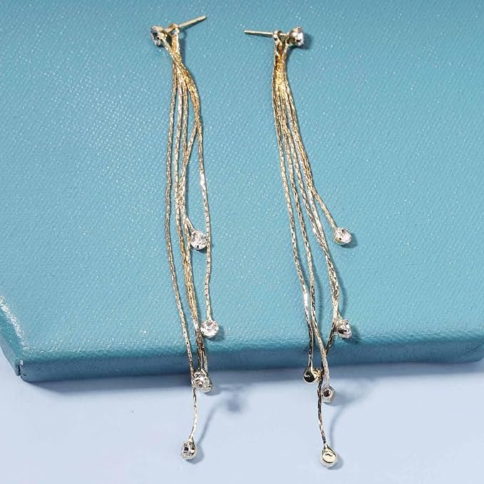 Boho Cz Tassel Chain Earrings Gold Drop Crystal Earrings Long Chain Dangle Earrings Rhinestone Linear Chain Earrings Sparkle Crystal Wedding Earrings Jewelry for Women and Girls