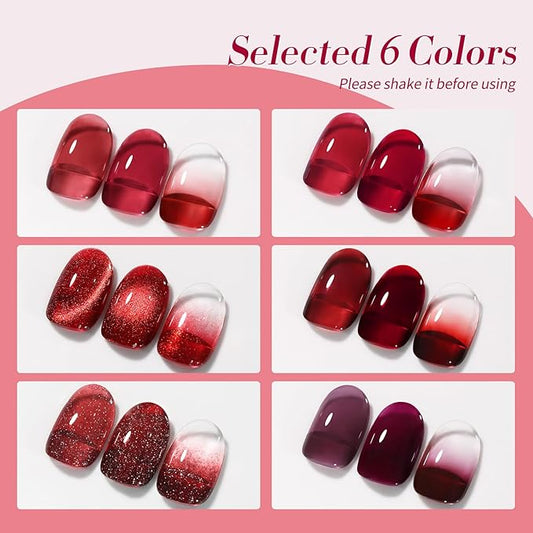 Born Pretty Jelly Burgundy Gel Nail Polish Ruby Red Glitter Cat Magnetic Eye Gel Nail Polish Fall Winter Blood Cherry Wine Red Gel Polish Glitter Soak Off Nail Art Salon Manicure Home Gift 7ml 6pcs