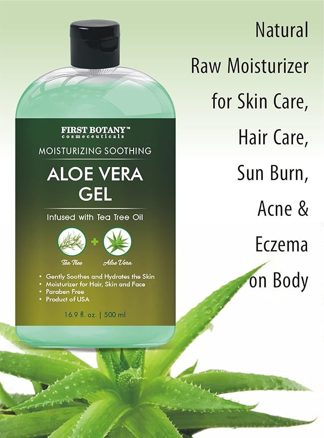 First Botany, Aloe Vera Gel from 100 Percent Pure Aloe Infused with Tea Tree Oil - Natural Raw Moisturizer for Hand Sanitizing Gel, Skin Care, Hair Care, Sunburn, Acne & Eczema -16.9 fl oz | 500 ml