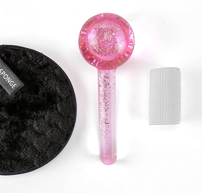 Facial Ice beauty ball- 2PC Globes Pink Facial Roller for Cold or Hot Skin Massagers Globe Durable Quartz Glass for Face and Eye Rollers Reduce Puffiness