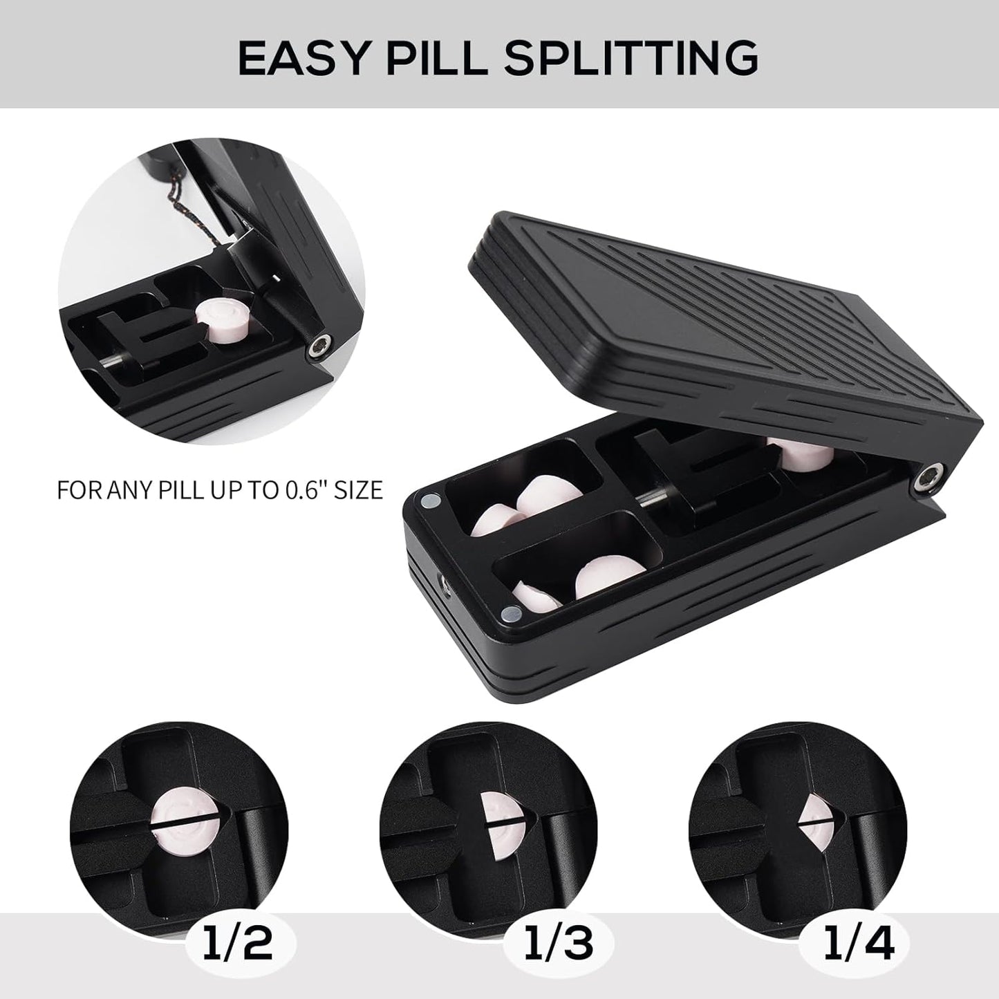 Pill Cutter for Small and Tiny Pills, Professional Aluminum Pill Splitter with Auto Centering Device and 2 Replaceable Stainless Steel Blades, Portable Pill Splitter with PU Case (Black)