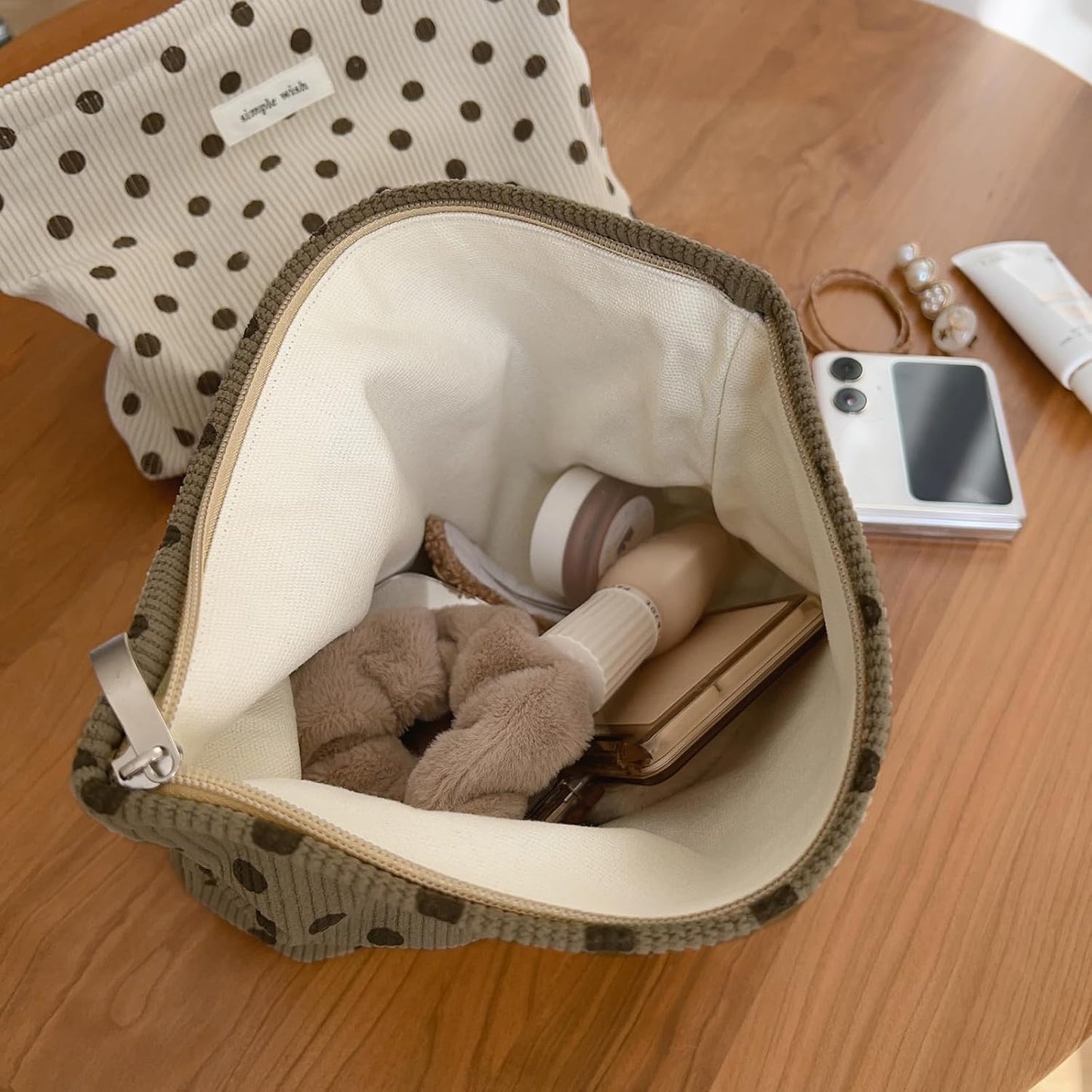 Wudygirl Travel Makeup Bag Cute Cosmetic Bag Large Capacity Makeup Pouch Make Up Organizer for Women and Girls Portable Toiletry Bag Corduroy Zipper Pouch (Brown Polka Dots)