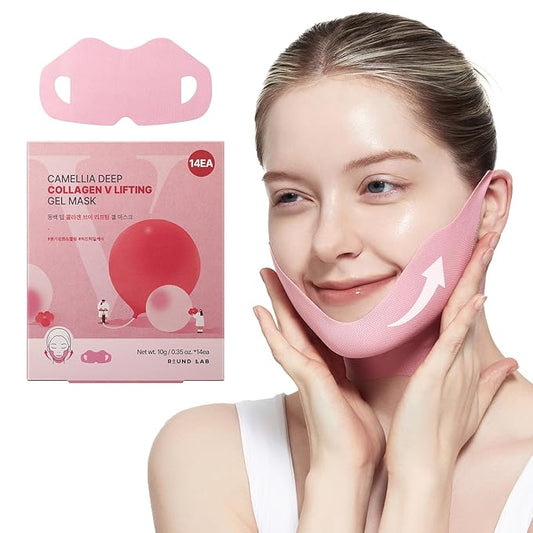 ROUND LAB Camellia Deep Collagen V Lifting Gel Mask 14EA | Double-chin Mask, Instant Cooling & Depuffing, Face Toning Belt, Collagen V-line, Improves Sagging Skin, Lifting & Firming 10g/0.35oz