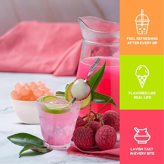 Fanale Lychee Popping Boba Pearls, Vegan, Non GMO, Gluten Free, Fat Free, Perfect for Bubble Tea, Smoothies, Ice Cream, Desserts, and Beverages.