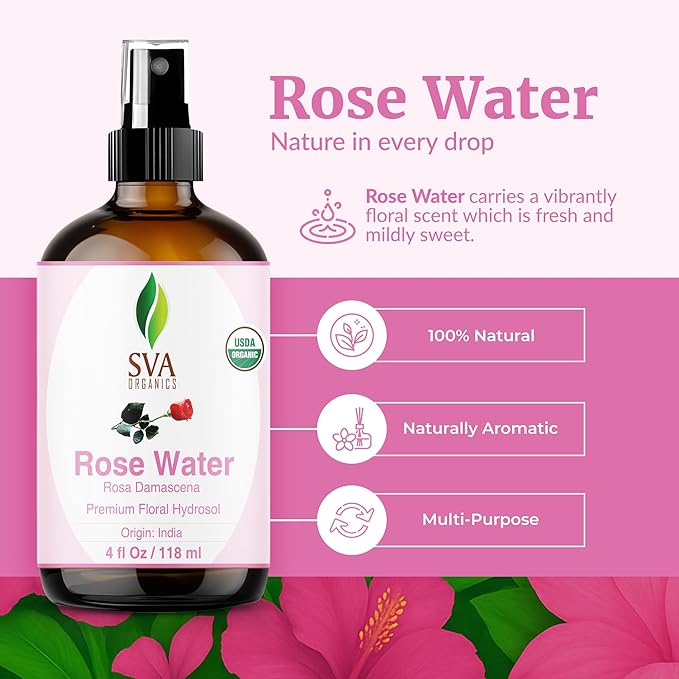 SVA ORGANICS Rose Water 4oz (118 ml) Refreshing Rose Water Spray for Skin Care, Skin Hydration, Bath, Soaps, Haircare & Aromatherapy