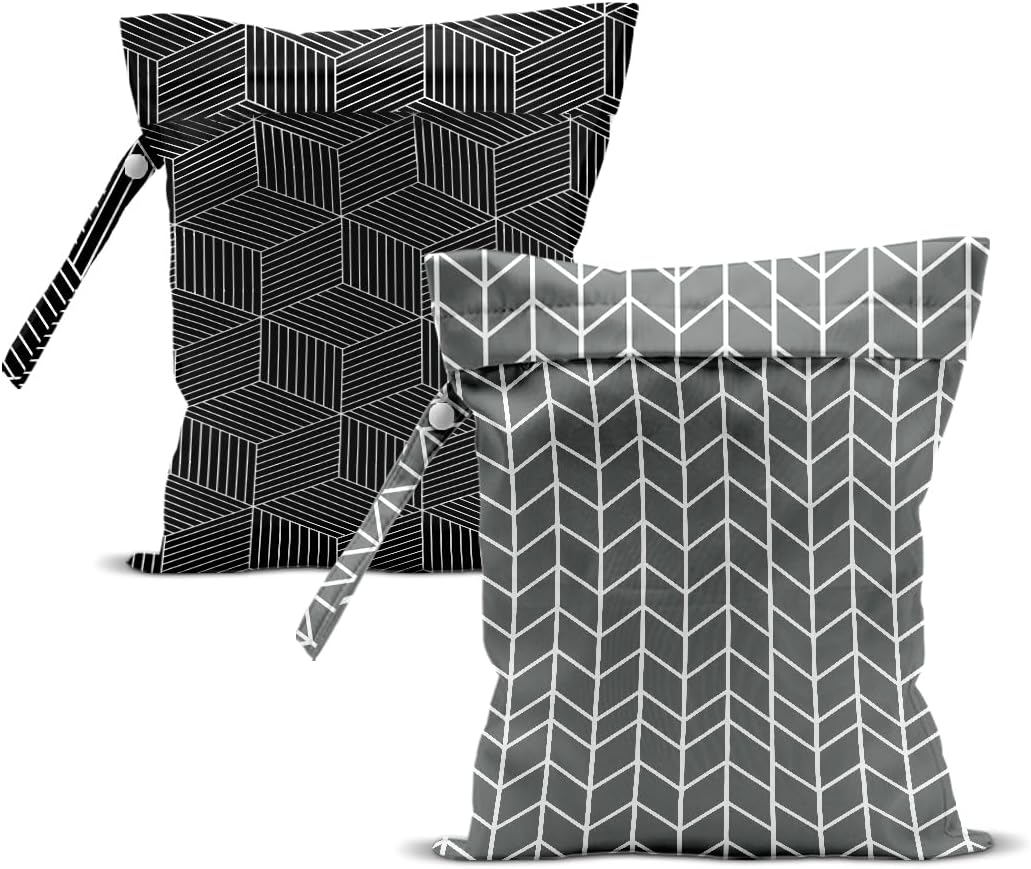 2Pcs Geometry Wet Bag 12x10 Inch, Square Waterproof Travel Laundry Bags, Stripe Washable Reusable Wet Dry Bag for Swimsuit Pool Beach Diapers Dirty Yoga Gym Clothes, Travel Gifts for Women Friend