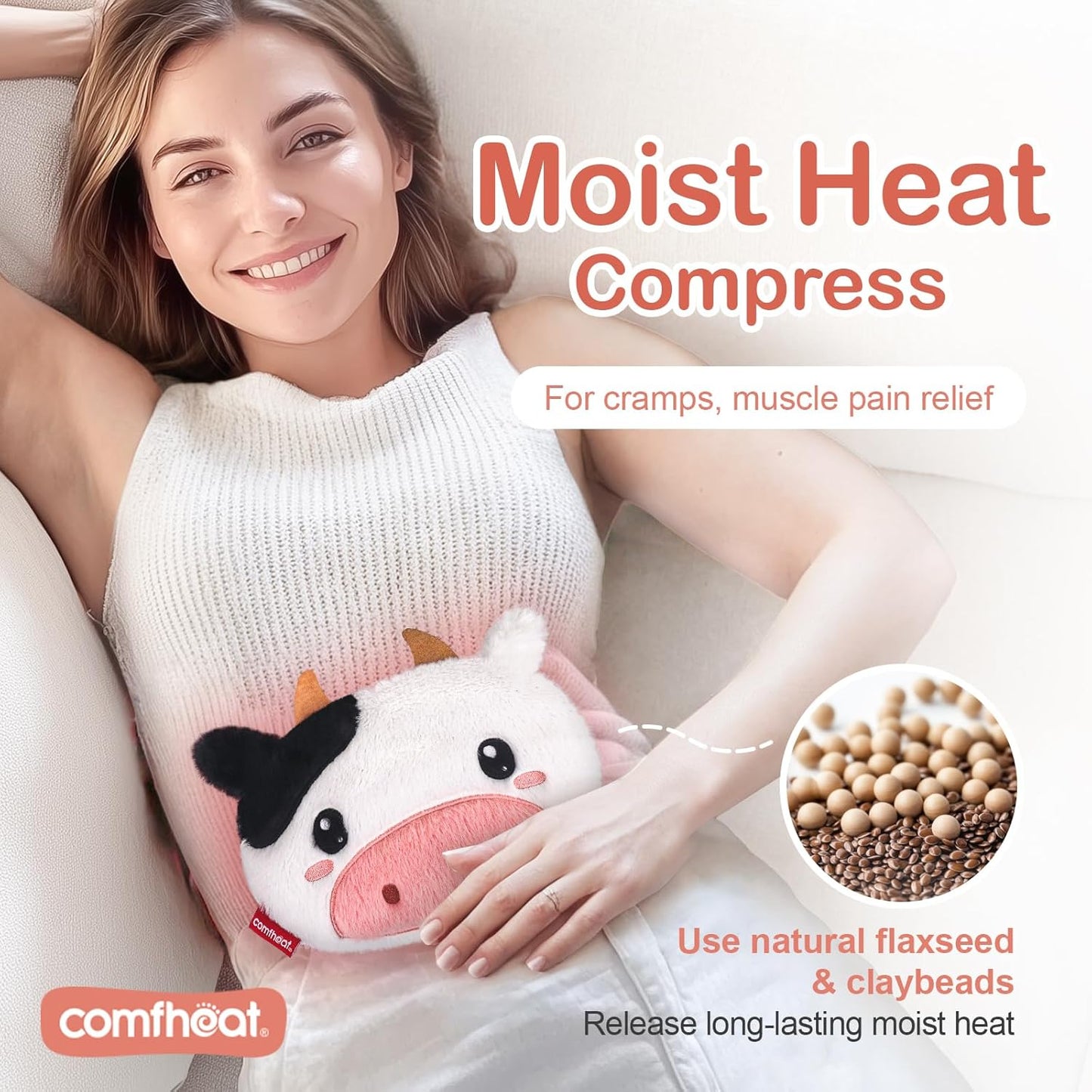 Cow Microwave Heating Pad - Hot & Cold Therapy with Natural Flaxseed Filling, Moist Heat for Cramps, Shoulder Muscle Pain Relief, Natural Heat Pack Moist Heat with Washable Cover