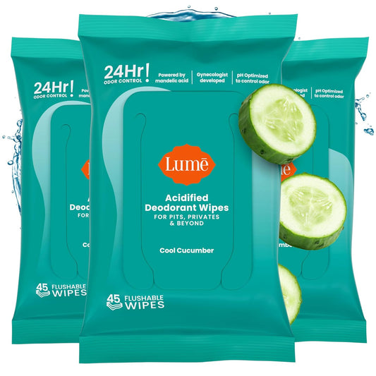 Lume Acidified Deodorant Wipes - 24 Hour Odor Control - Aluminum Free, Baking Soda Free, Skin Loving - 45 Count (Pack of 3) (Cool Cucumber)
