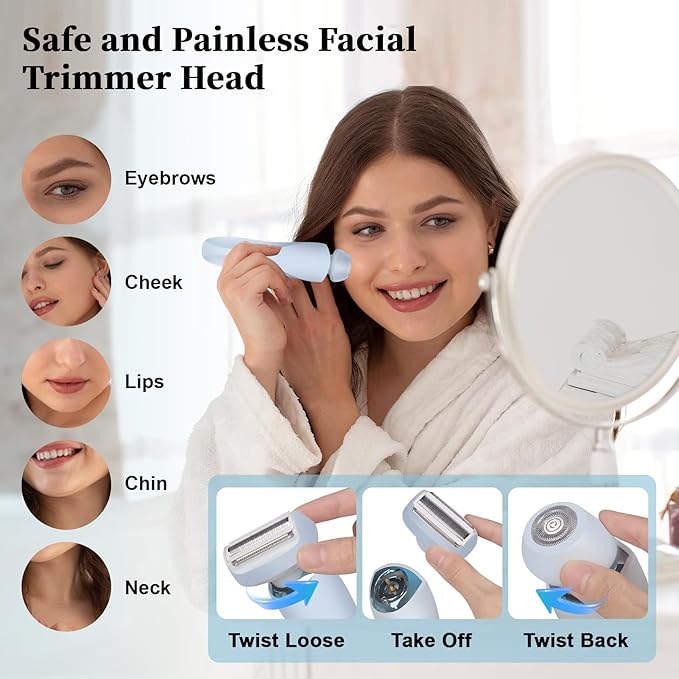 Electric Shaver Razors for Women 2-IN-1 Electric Razor for Womens Legs Underarm Face Pubic Hairs,Wet Dry Use Rechargeable Bikini Trimmer Hair Removal with Detachable Head,Painless IPX7 Waterproof Blue