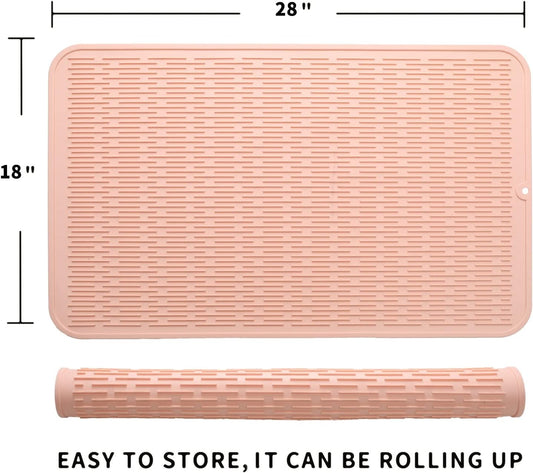 Silicone Dish Drying Mat for Multiple Usage,Easy clean,Eco-friendly,Heat-resistant Silicone Mat for Kitchen Counter or Sink,Refrigerator or Drawer Liner Pink 3XL 28 inches x 18 inches