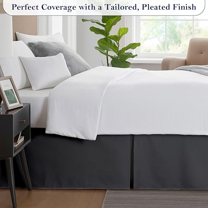 Twin Bed Skirt, Luxury 14 Inch Drop Dark Grey Pleated Bed Skirt, Double Brushed Microfiber, Box Pleat Design, Wrinkle & Fade Resistant, Easy Fit Tailored Bedskirt for Twin Size Beds
