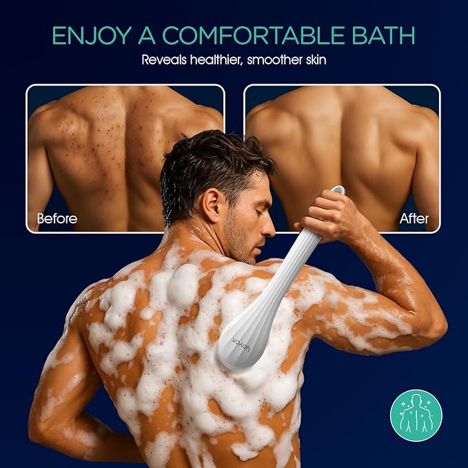 VOYOR Electric Silicone Body Scrubber, Back Scrubber for Shower, Waterproof Long Handle Body Brush, Rechargeable Power Bath Brush for Cleansing, Exfoliating, Massaging Skin BC100 (Blue)