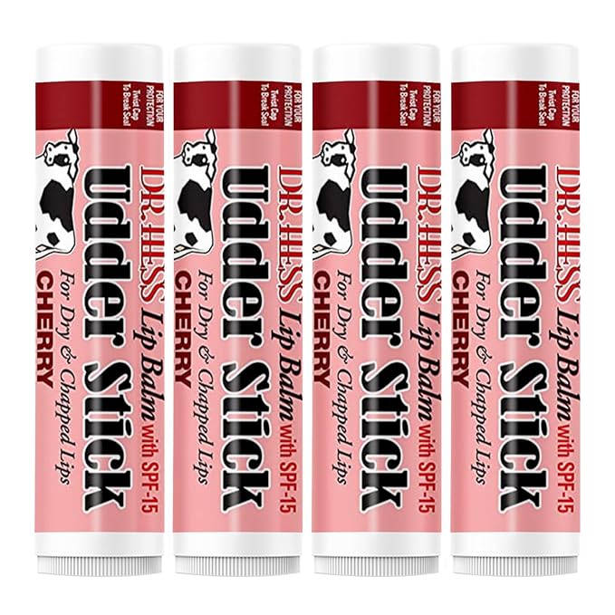 Original Udder Stick SPF Lip Balm, Soothing Moisturizer Sun Screen Balm for Dry Lips with Jojoba, Beeswax & Shea Butter, Total Lip Care, Hydration & Repair, Cherry Flavor, 4 Pack