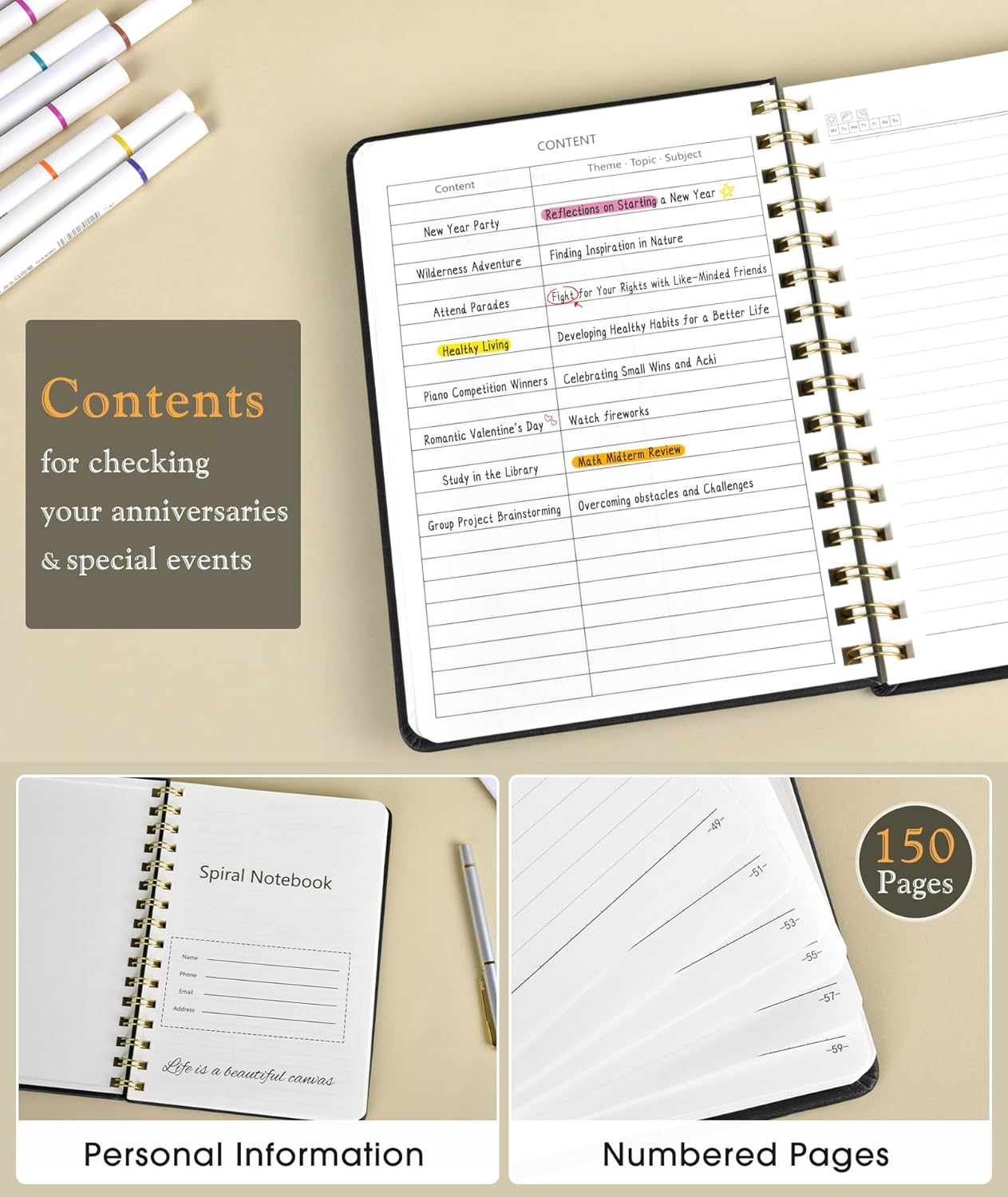 Lined Spiral Journal Notebook, A5 Hardcover Spiral Journals for Women Men, 150 Numbered Pages Spiral Bound Notebook, 100 GSM College Ruled Notebooks for Writing Note Taking Working 5.75" x 8.38" Black