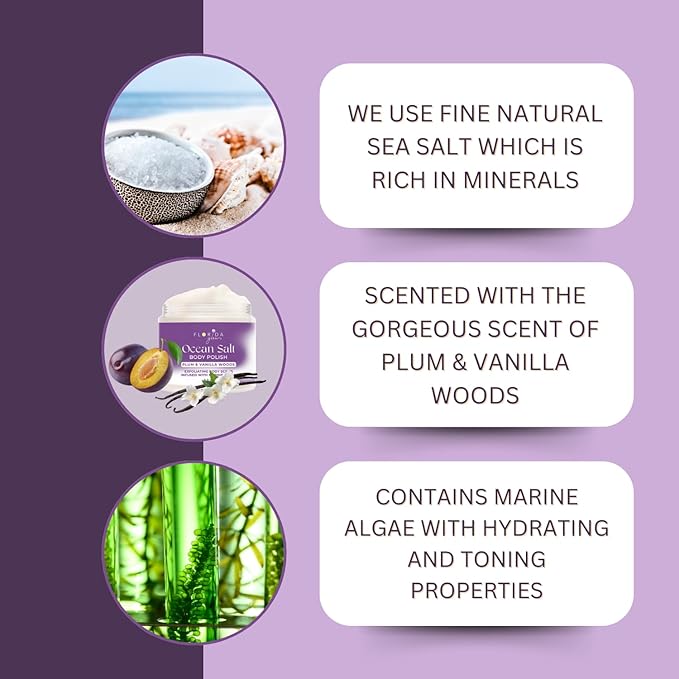 Sea Salt Body Scrub by Florida Suncare - Ocean Salt Body Polish Infused with Marine Algae - Exfoliating Face and Body Scrub, Facial Scrub Exfoliator to Tackle Acne, Scars (Plum & Vanilla Woods 12.1oz)