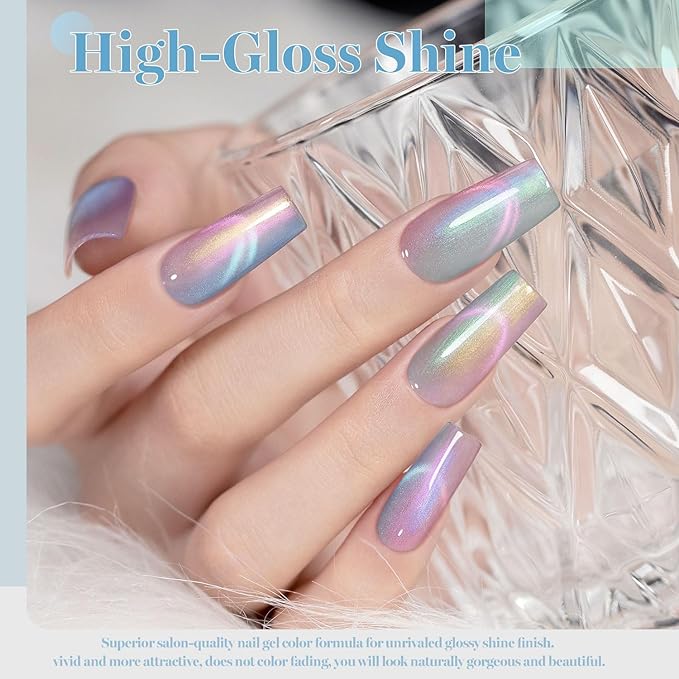 RARJSM Aurora Pearl Cat Eye Gel Nail Polish Set 6pcs Ceramic Silver Shimmer Universal Pink Green Blue Purple Orange Glitter Mermaid Swirl Shell Thread Effect with Magnet Stick Curing Requires