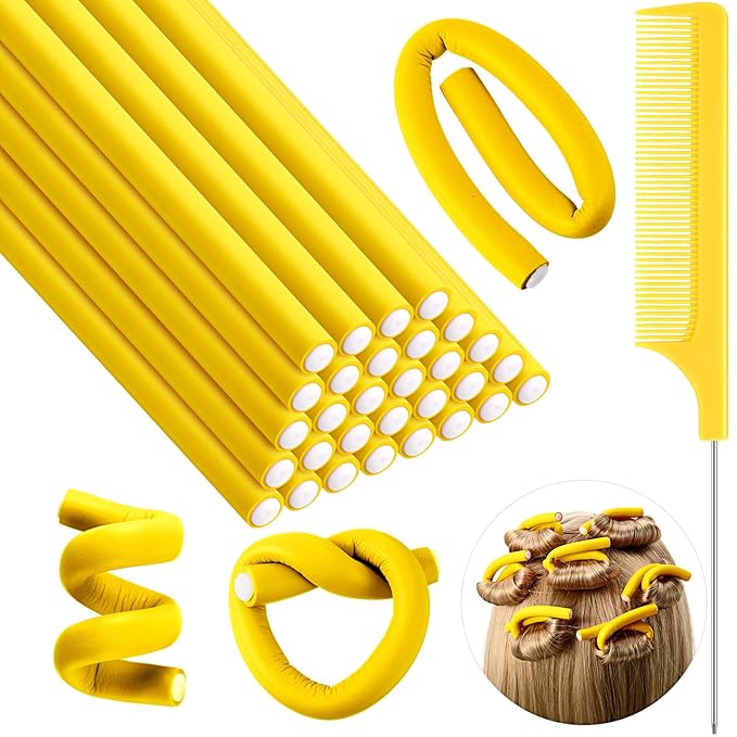 Syhood 30 Pcs 7'' Flexible Curling Rods Twist Foam Hair Rollers Soft Foam No Heat Hair Rods Rollers and 1 Steel Pintail Comb Rat Tail Comb for Women Long Short Hair(Yellow,7 x 0.3 Inch)