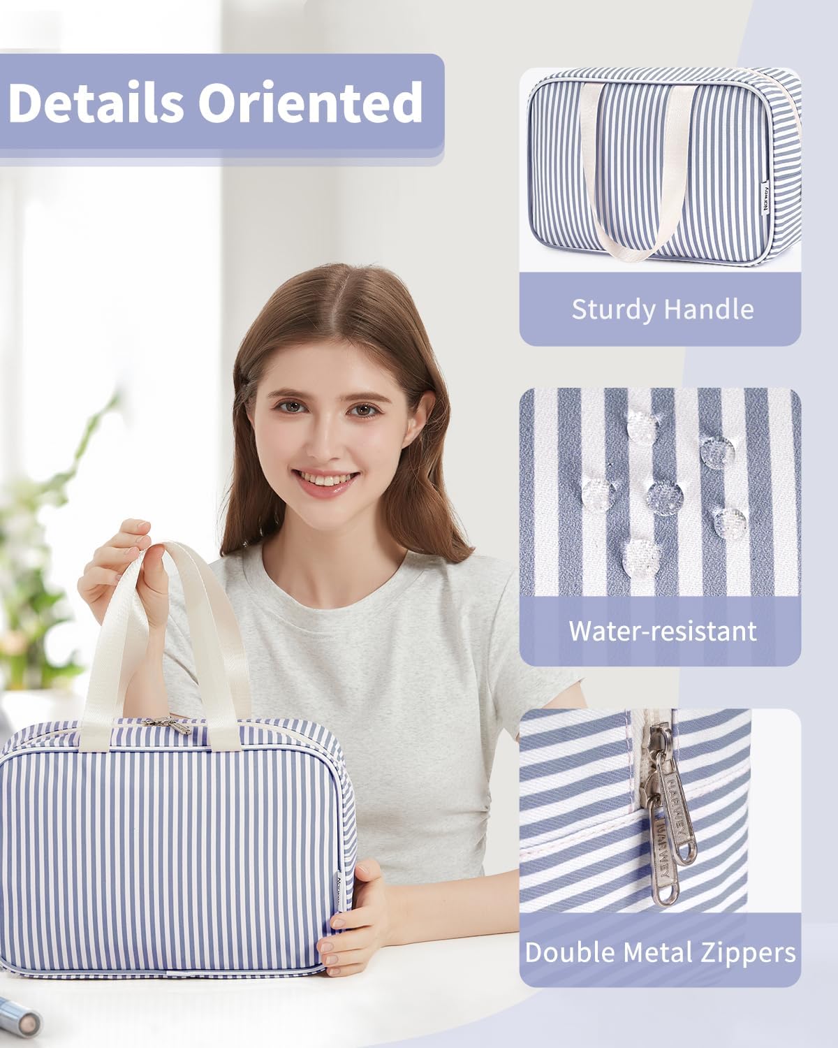 Full Size Toiletry Bag Women Large Cosmetic Bag Travel Makeup Bag Organizer Medicine Bag for Toiletries Essentials Accessories (Greyish Blue Stripe, Large)