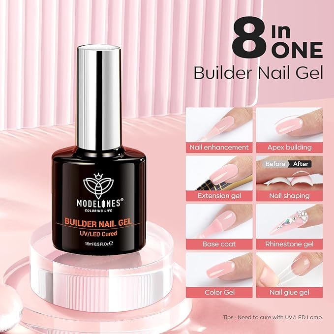 modelones Builder Nail Gel, 8-in-One Pink Shimmer Builder, Sparkle Glitter Pink Rubber Base Gel Polish LED Lamp Cured Hardener Color Base Strengthener Extension for Home DIY Salon Girls