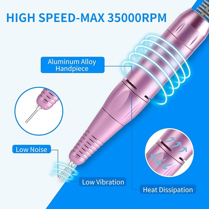Portable Nail Drill Professional 35000 RPM, MOCOWIND Rechargeable Electric Nail File Machine for Acrylic Nails Gel Polishing Removing, Cordless E-File with Bits for Manicure Salon Home, Blue & Purple