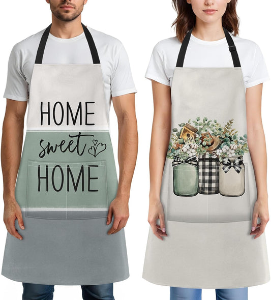 2 Pack Aprons, Eucalyptus Leaf Herbs Flowers Adjustable Bib Aprons with 2 Pockets for Women Men Couple Lovers Chef Home Kitchen Cooking Baking Gardening Cream Sage Green Stripe Apron 32x28 Inches