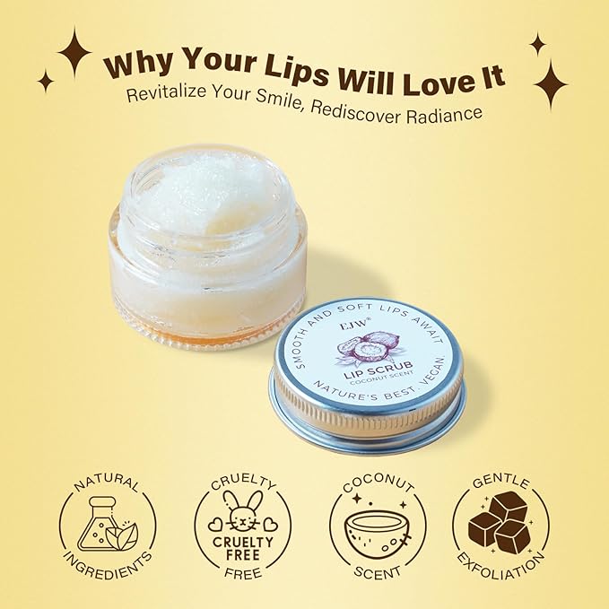 Coconut Lip Scrub - Gentle Exfoliation & Conditioning for Chapped Lips - 0.53oz Sugar Vegan Polish