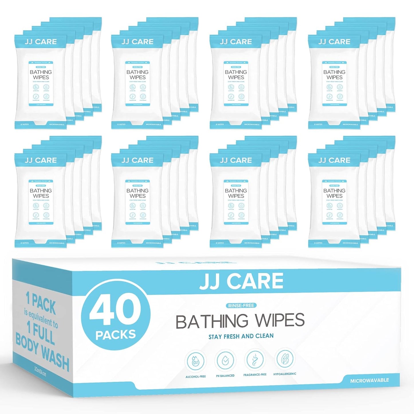 JJ CARE Shower Wipes For Adults No Rinse - Bulk Pack of 40 Body Wipes for Adults Bathing | 320 Count Disposable No Rinse Disposable Washcloths, Waterless Body Wash for Elderly