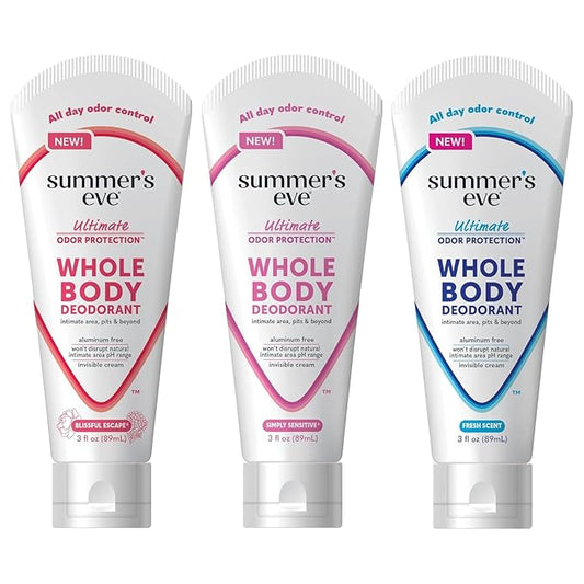 Summer's Eve, Whole Body Deodorant for Women, Ultimate Odor Control, Aluminum Free Deodorant, 3 Fl Oz; Simply Sensitive, Blissful Escape, & Fresh Scent