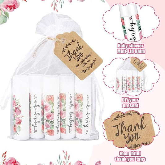 Demissle 50 Pcs Baby Shower Lip Balm Gift Set with 100 Pcs Organza Bags Baby Shower Party Favor for Guest Thank You Tag Rope Baby Shower Party Decoration Gender Reveal Souvenirs(Watercolor Flower)