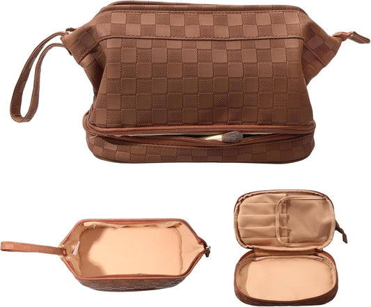 Abiudeng Large Capacity Makeup Bag Ladies Cosmetic Bag Travel Bag with Compartments Portable PU Leather Travel Makeup Bag with Handle