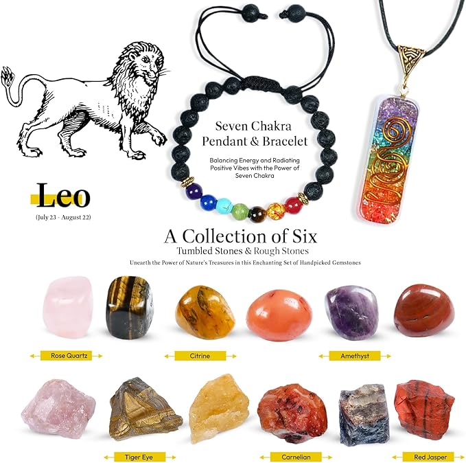 NARIBABU Leo Crystal Gift - Zodiac Crystals - Healing Crystal Pendant & Bracelet - Leo Horoscope Gifts - Zodiac Crystals for Beginners - Good Luck Birthstones Crystal Kit