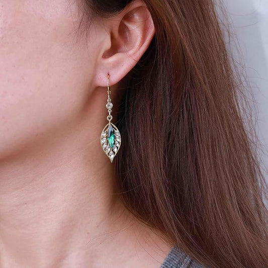 Vintage Crystal Emerald Leaf Dangle Earrings Green Rhinestone Leaf Drop Earrings Green Cz Leaf Earrings Crystal Leaf Hoop Earrings Jewelry for Women