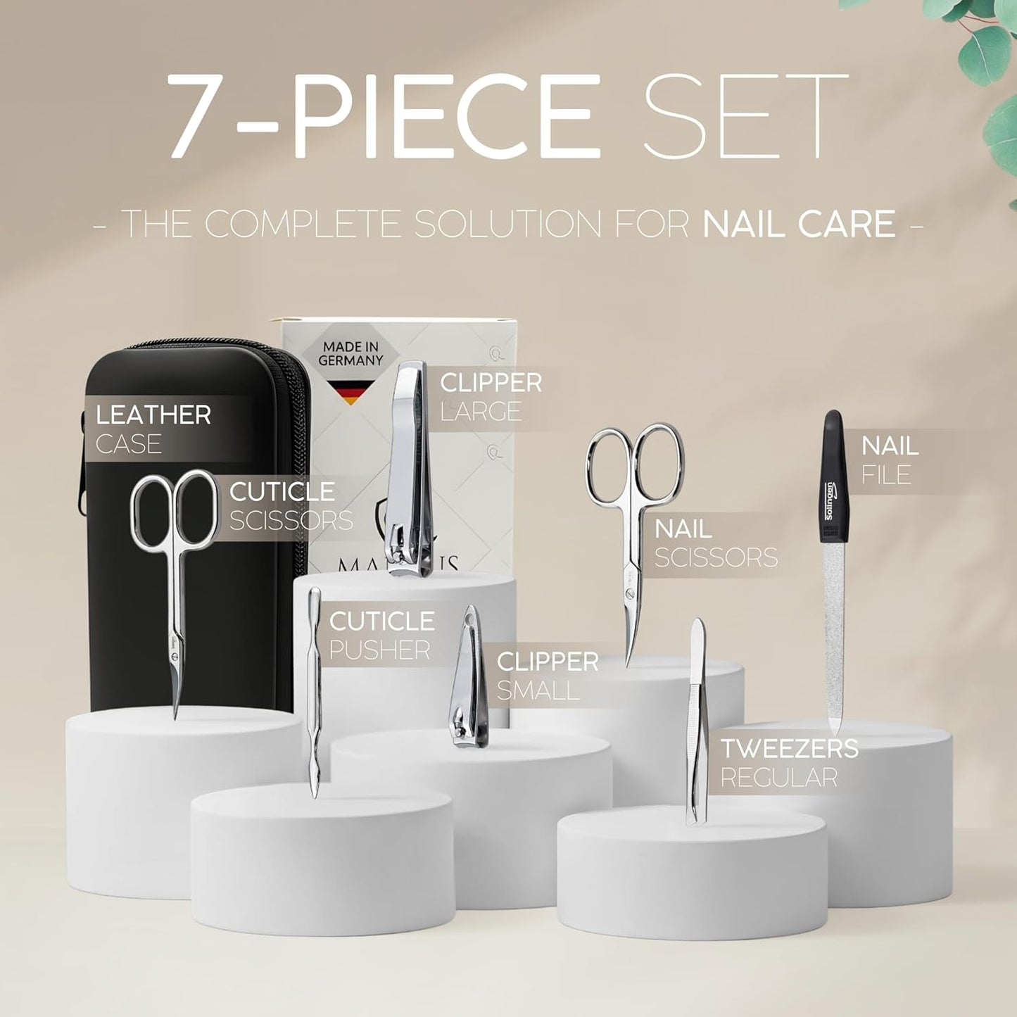 Manicure Set Solingen Made in Germany - 7 Piece Exclusive Finger & Toe Nail Clippers Kit for Women and Men in Real Leather Case, Color Black