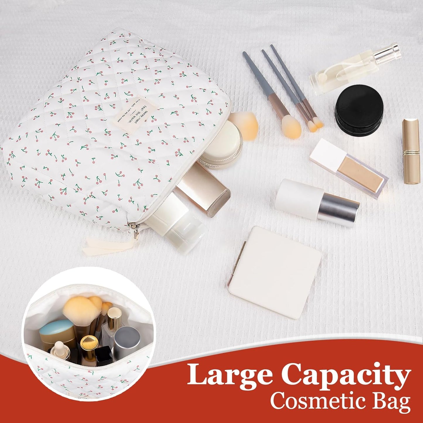 Floral Makeup Bag, Small Cosmetic Bag for Women Girls, Cute Cotton Makeup Bag, Quilted Makeup Bags, Flower Travel Toiletry Organizer Bag(White Cherry)