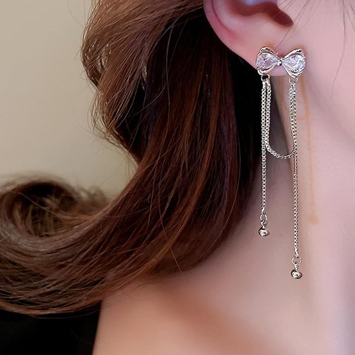 Vintage Crystal Bow Earrings Rhinestone Chain Drop Earrings Silver Long Chain Dangle Earrings Long Tassel Chain Earrings Jewelry for Women