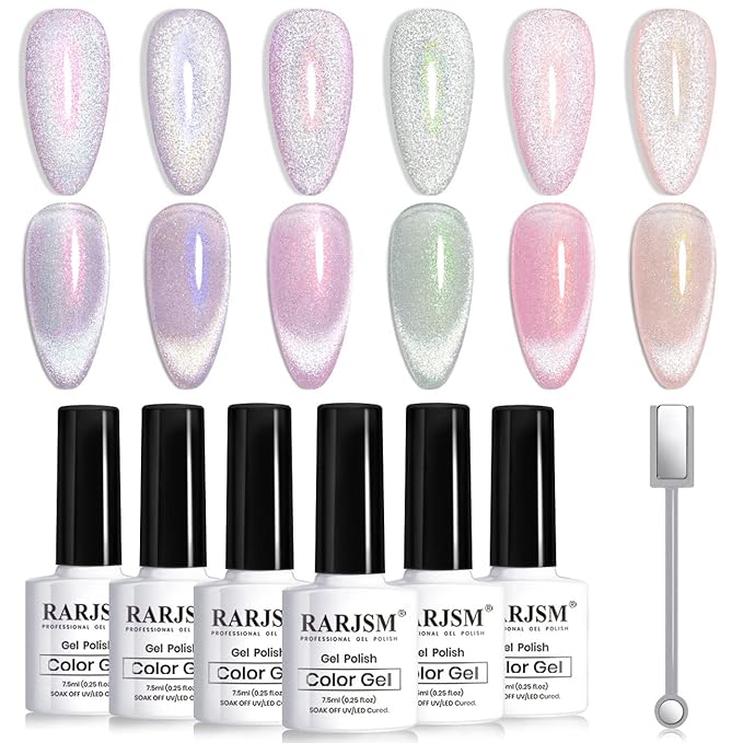 RARJSM Aurora Cat Eye Gel Nail Polish Set 6 Colors Velvet Silver Glitter Purple Pink Green Champagne Galaxy Star Cloud Ice Gel Polish with Magnet Stick UV LED Curing Requires Soak Off Home Salon