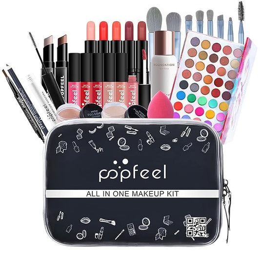 Makeup Kit for Women Full Kit, with Professional Make Up Bag Eyeshadow Red Lipstick, Powder Brush, Concealer, Glitter Lip Gloss, Waterproof Mascara, Eyebrow Pencil, Birthday Gift for Mom Sister