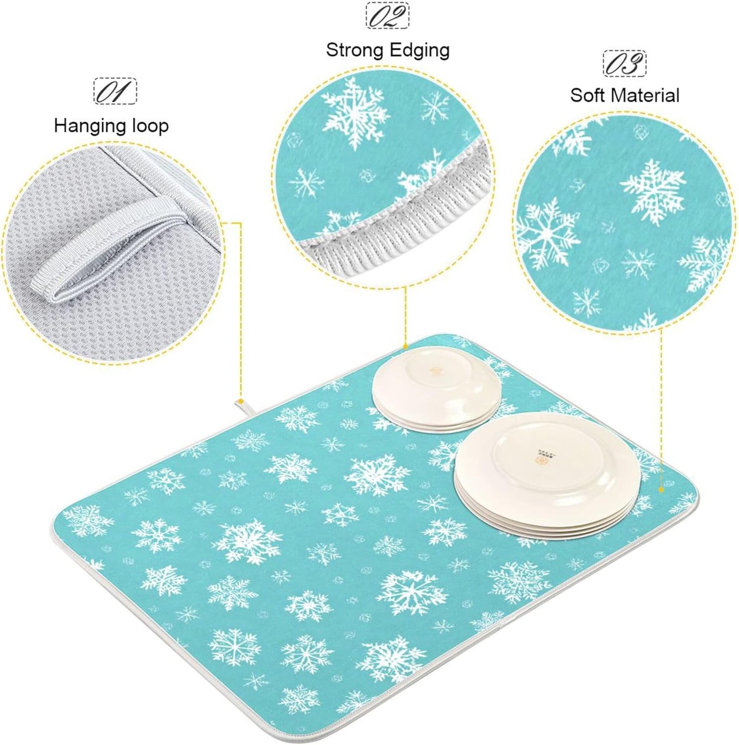 Winter Snowflake Turquoise Dish Drying Mat for Kitchen Countertop 16x18 Christmas Snow Aqua Xmas Small Drying Mat Reusable Quick Dry Dish Sink Mats Easy Clean Decorative Essentials