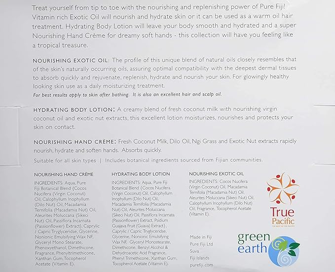 Pure Fiji Nourishing Trio, Ideal Spa Bath Gift Set for Women - Travel Kit - Includes Exotic Body Oil , Hydrating Body Lotion For Women and Nourishing Hand Cream, Coconut Scent