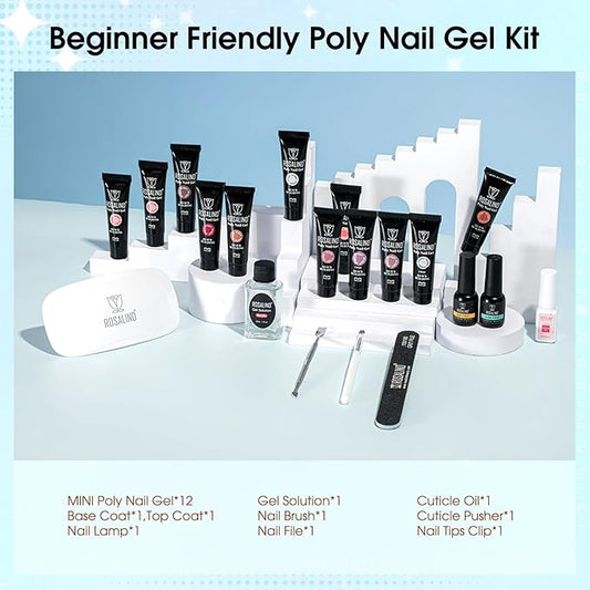 ROSALIND Poly Nail Gel Kit -12 Colors + Nail Art Accessories Kit Summer Neon Poly Nails Gel Kit Starter Kit With Slip Solution Pro Bright Colors Nail Extensions Gel Set with Mini UV Lamp
